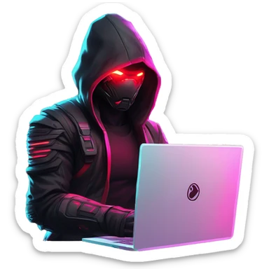 developer behind his laptop with this style : crysis Cyberpunk Riot Games Valorant neon glowing bright red character red dark black hooded assassin themed character sticker