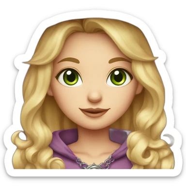 Witch cute with blond hair ,green eyes , pink hat and grey cat with a necklace pink  sticker