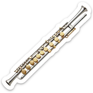 Cinematic Realistic Flute, polished silver metal with precise keywork, warm golden reflections dancing along its surface, soft hands carefully positioned over the keys, glowing with an elegant and airy charm. sticker