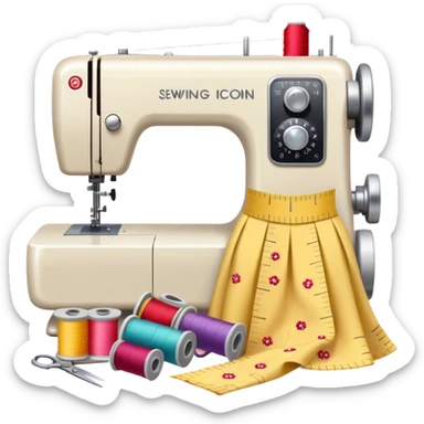 Sewing icon, measuring tape, pins, scissors, and a dress in progress, sewing machine with thread, visible needle, spools of thread, fabric pieces cut according to patterns, minimalistic style, clean lines, transparent background. sticker