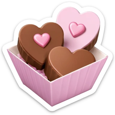 Two square milk chocolate 2 pralines only, Each praline is a sharp-edged cube with smooth glossy chocolate coating, placed in a small white fluted paper candy cup. On top of each cube is a flat pastel pink heart-shaped icing, thin and smooth, slightly translucent, with fine sugar crystal sparkle. sticker