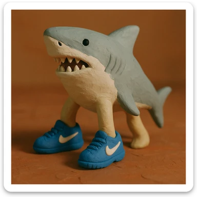 Tralalero Tralala, an Italian Brainrot character: a great white shark with three legs, wearing blue Nike shoes, claymation style sticker