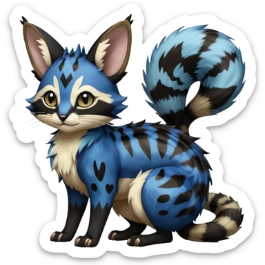  ink-black fur laced with oil-slick bronze and abyssal cobalt runes fur with random dark markings beautiful elegant pretty precious cute  Fakémon-Pokémon-opossum-feline-serval-caracal-chinchilla-Furret-Minccino-hybrid-creature with a big fluffy bushy tail (full body) sticker