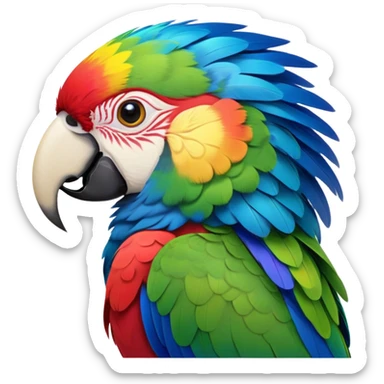 Cinematic Noble Macaw Portrait Emoji, Poised and regal, with vibrant, iridescent feathers in a spectrum of brilliant colors and sharp, intelligent eyes, Simplified yet sharp and sophisticated features, highly detailed, glowing with a soft, tropical radiance, high shine, majestic and graceful, stylized with an air of exotic elegance, focused and alert, soft glowing outline, capturing the essence of a watchful and confident avian guardian that seems ready to soar out of the screen with effortless authority! sticker