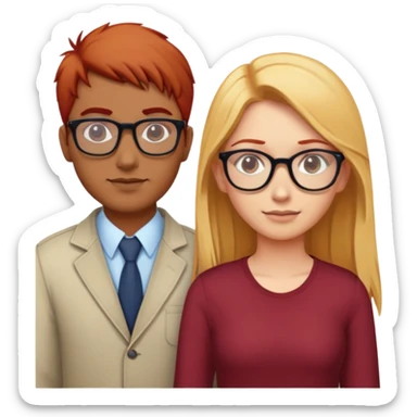 Indian man standing between a red haired girl with glasses and a blonde haired girl with glasses sticker