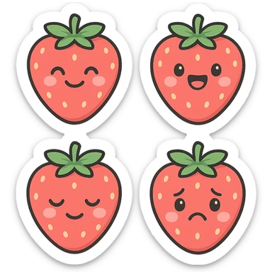 A series of illustrations stawberry in a kawaii emoji style, with detailed shading and highlights, thin clean outlines, soft and rounded features. Pastel color palette using  #FF5B5B, #CE4C4C,#CE4C4CThe style is inspired by modern Japanese pop art and sticker aesthetics. Highly detailed, vector clarity, soft lighting and subtle shadows. Transparent background without background. sticker