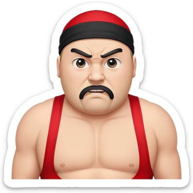White skin fat guy with prominent black durag, short black beard, black eyes in a red and black wrestling singlet with angry face sticker