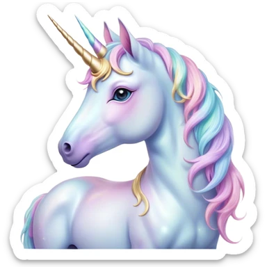 Beautiful and Majestic Unicorn Pony Portrait Emoji, Head and body radiating gentle magic with a soft pastel color, a delicately sparkling horn and eyes gently closed in peaceful wonder, Simplified yet exquisitely endearing features, highly detailed, glowing with a soft, ethereal light, high shine, serene and utterly majestic, stylized with an air of fairy-tale regality, soft glowing outline, capturing the essence of a beautiful and majestic unicorn pony that embodies the enchanting spirit of a dream! sticker