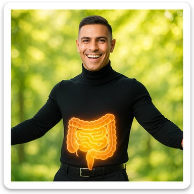 Create a semi-realistic, wellness-themed image of a fit 30-year-old man inspired by the reference image. Show a glowing healthy intestine over the abdomen, semi-transparent to reveal a clean digestive tract. The man has open arms and a big smile. The background is a natural green setting with a positive and energetic vibe. sticker