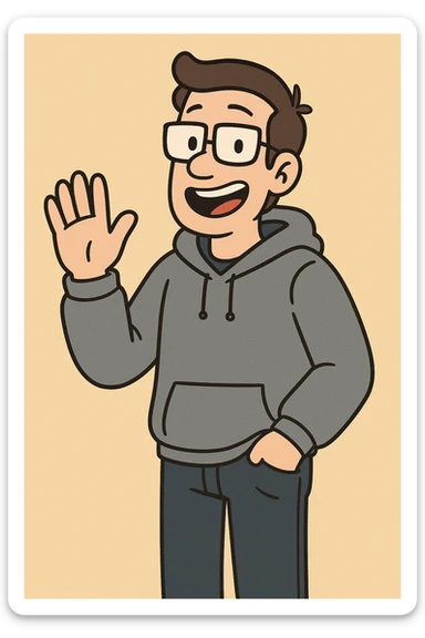 Pastel Yellow shirts Pacific Grey Hoodie dark blue jeans pockets a hand say hello sticker