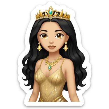 light skin woman with black long hair in gold sparkle dress with gold jewelry sticker