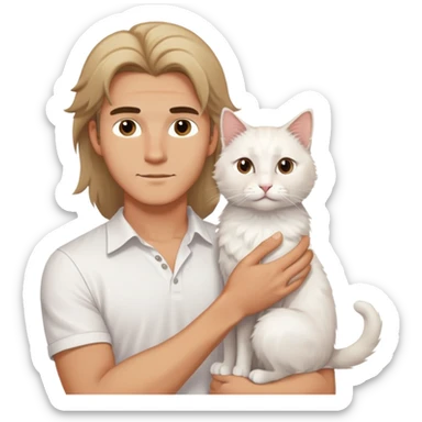 A young handsome Caucasian man in a white shirt holds a long-haired white cat sticker