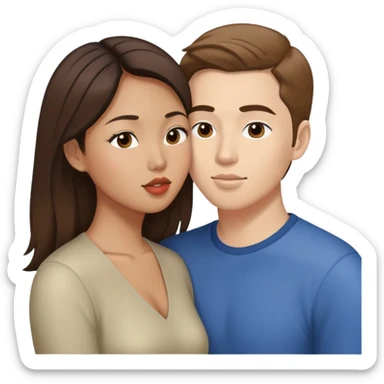 Asian American woman kissing a white guy with brown hair sticker