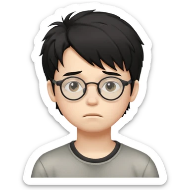 
young boy, 16 years old, messy black hair, glasses, sad face emoji sticker