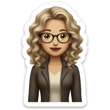 a white/beige girl wibrown wavy hair and glasses andbrown ees sticker
