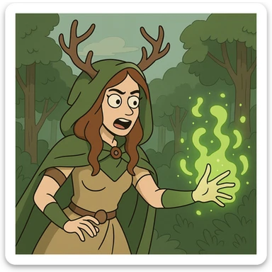 cartoon style female druid, casting a nature spell, glowing green energy, forest background sticker