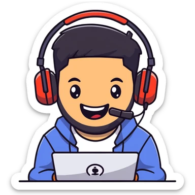 anime style laughing man with black hair, brown eyes, black beard wearing gaming headset sticker