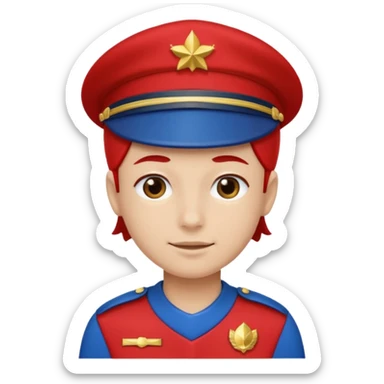 Vendeur comptoir habiller en rouge portant une casquette bleu sticker