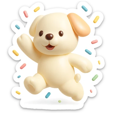 puppy jumping in confetti with paw up, vinyl figure style sticker
