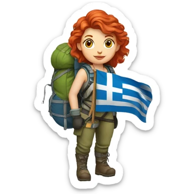 Female winter mountain climber red hair climbing, holding Greek flag on backpack and holding Easter eggs basket sticker