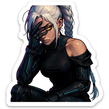 closeup portrait of a young woman in armor, maximum power, facepalm smh expression, gold yellow eyes, white hair in a long braid, black off-shoulder top, d-cup, punk gothic style, futuristic cyberwave cyberpunk, sitting position sticker