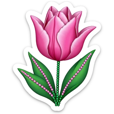 french beaded pink tulip flower with 2 leaves, handmade with glass beads, no background sticker