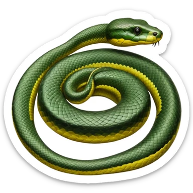 A photo-realistic top-down view of a Green Anaconda tightly coiled in a spiral, with its broad, flat head resting at the center. Its thick, muscular body is olive-green and covered in symmetrical, bold black oval spots that stand out against its smooth scales, creating striking natural camouflage. sticker