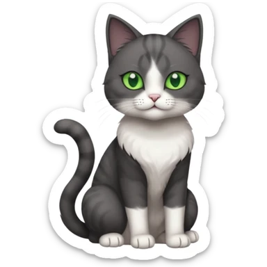 full body view of beautiful female solid dark grey cat with green eyes, white toes/paws and white patch on her chest sticker