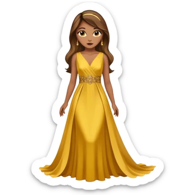 Woman using a long elegant yellow dress. She has medium skin tone and a brown with gold makeup sticker