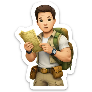 Icon for Adventure Movie: Mark Wahlberg in a jungle setting, holding a treasure map and surrounded by adventure gear. Behind him, ancient ruins rise through the dense foliage. Exciting, action-packed atmosphere with vivid jungle details. Transparent background. sticker
