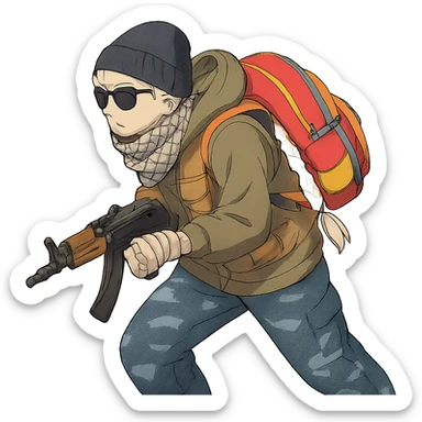 1 female, long white braid, knit cap, dark sunglasses, shemegh neckwrap, fishing vest, vibrant shool backpack, drab hoodie, handwraps, blue camo pants, AKS-74U, hunched over, on the move sticker