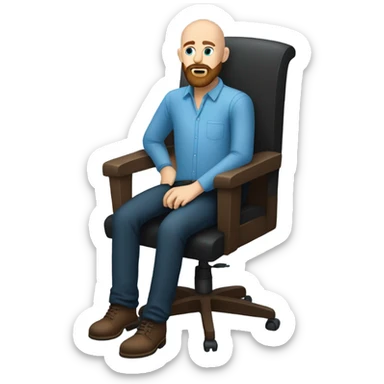 Bald, Caucasian, sky-blue-eyed, Psychotherapist in a modern colorful chair. He has a brown full beard and he’s Wearing a black dress shirt with a subtle pattern, blue jeans and black Chelsea boots with his legs separted leaning forward grey in goatee sticker
