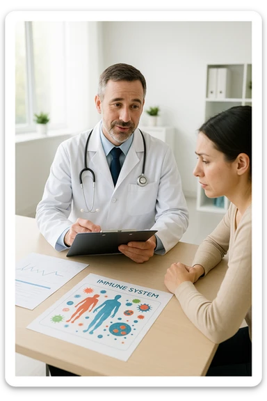a doctor sits across from a patient in a bright, modern medical office. The doctor holds a clipboard and gently explains the diagnosis, while the patient listens with a concerned but attentive expression. On the desk, there are medical charts and a diagram of the immune system. The mood is empathetic and professional. sticker