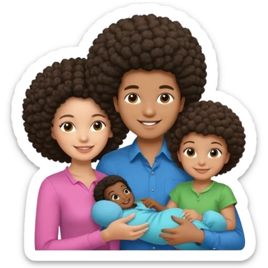 Polaroid photo with a dark woman with an afro hairstyle and a green blouse, two children: a boy with straight hair and a blue shirt, and a baby girl in a pink shirt. All are smiling. sticker