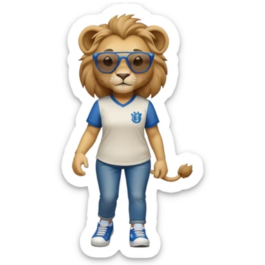 confident anthropomorphised female lion wearing a baseball shirt, jeans, trainers, dark sunglasses, walking upright, looking self-assured sticker