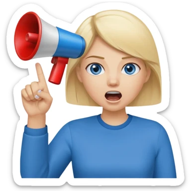 blue eyes blonde girl yelling into megaphone and holding up 1 finger in the other hand sticker