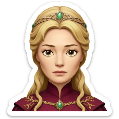 Cinematic Realistic Cersei Lannister Portrait, depicted with lifelike skin texture, subtle rosy undertones, and soft natural lighting that enhances the gentle contours of her face. Her intricately detailed golden blonde hair is elegantly styled , sticker