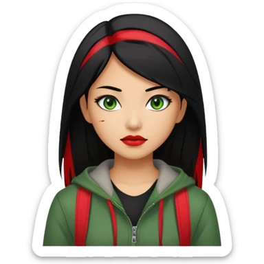 Asian-Latina woman with black hair with a red streak, green eyes, and an alternative/grunge style of clothing. sticker