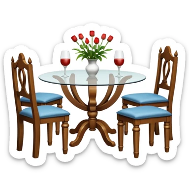 A glass topped ding table with 2 side benches and 2 thrones at the ends sticker