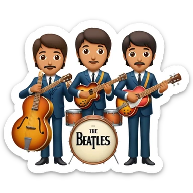 Cinematic Realistic The Beatles Group Emoji, depicted as an iconic band of four exuding playful charisma and musical genius with retro instruments and vibrant expressions, rendered with rich textures and nostalgic dynamic lighting that captures their legendary impact on pop culture. sticker