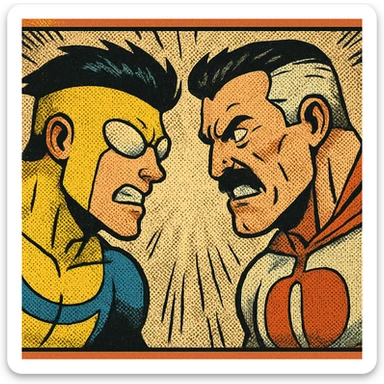 Invincible and Omni-Man facing off, intense expressions, comic book style, dramatic lighting sticker