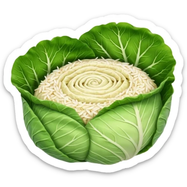 Emoji of sarmale: a small rolled cabbage leaf, pale green and slightly wrinkled, with a visible meat-and-rice filling, simple rounded emoji style, warm and cozy. sticker