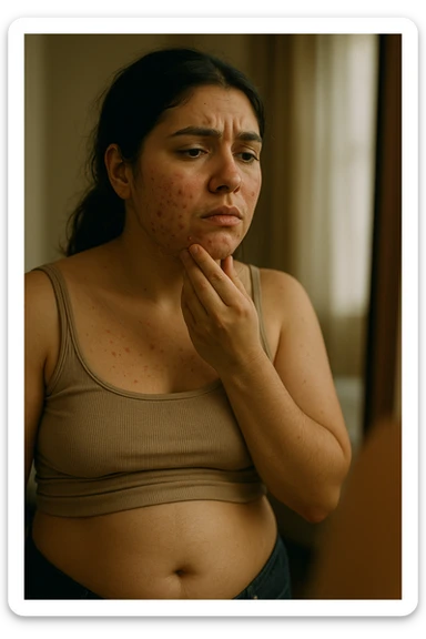 A realistic, cinematic portrait of a young woman in her late 20s standing in front of a mirror, visibly concerned while touching her chin and jawline where small dark facial hairs are noticeable, indicating hirsutism. Her skin appears oily, with a few cystic acne spots on her cheeks and jaw, and her dark hair is slightly greasy, indicating increased sebum production due to androgen excess. Her body shows mild abdominal bloating, and she looks at herself with a mix of frustration and sadness, capturing the emotional struggle linked to PCOS. The scene is set in a softly lit bedroom or bathroom with neutral daylight, with a clear mirror reflection to emphasize self-observation and discomfort. Style: realistic 35mm cinematic look, soft focus on her face and hair details, warm tones to keep it human and relatable sticker