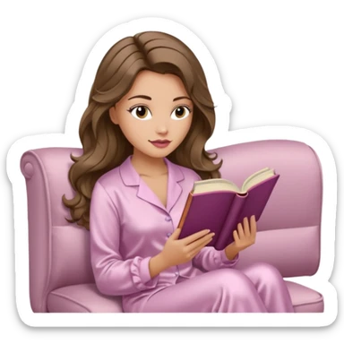 Woman with light tanned skin reading a book on Beige sofa. Long wavy brunette hair. Ivory silk pyjamas. Realistic. Foxeye with long lashes. Pinky mauve lips. sticker