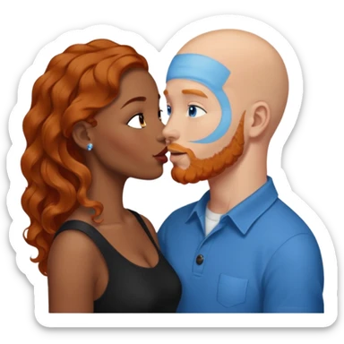 Bald white male with ginger beard and blue eyes kissing African American brown woman with black wavy hair sticker