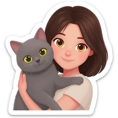 una chica con pelo castaña oscuro y ojos marrones con un gato gris de ojos amarillos casi verdes en brazos sticker