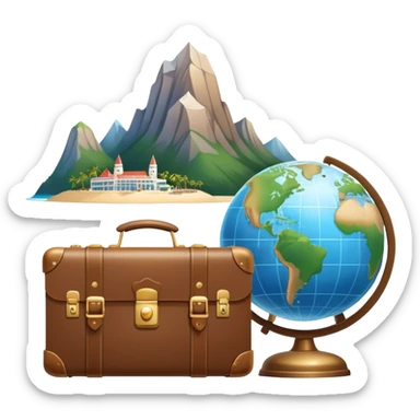 An icon featuring a suitcase, a hotel bell, and a globe, symbolizing tourism and hospitality. The design includes a scenic landmark, like a mountain or beach, and a check-in desk, representing travel and accommodation services. Transparent background sticker