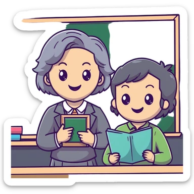 smiling English teacher with airtouch hair and grey-green eyes teaching in a classroom with chalkboard sticker