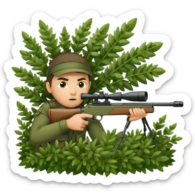 person sninping aiming with a long sniper in a big bush sticker