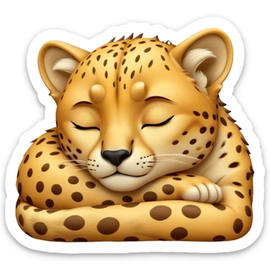 Meme-Worthy Cute Sleeping Cheetah Portrait Emoji, Head resting peacefully with a contented smile, showcasing a lean, muscular build and a luxuriously soft golden spotted Fur, eyes shut in a serene, restful nap, Simplified yet hilariously adorable features, highly detailed, glowing with a soft, drowsy light, high shine, relaxed and utterly lovable, stylized with an air of playful laziness, bright and heartwarming, soft glowing outline, capturing the essence of a comically sleepy cheetah, so meme-worthy it feels like it could instantly become the next viral sensation of adorable slumber! sticker